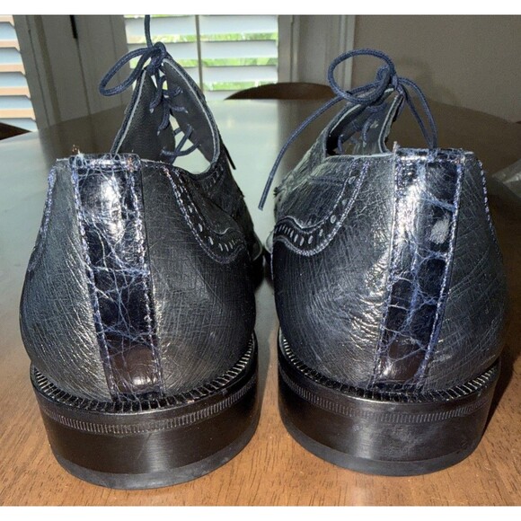Forli Navy Genuine Alligator Ostrich Exotic Leather Cap Toe Lace Up Shoes Mens 9